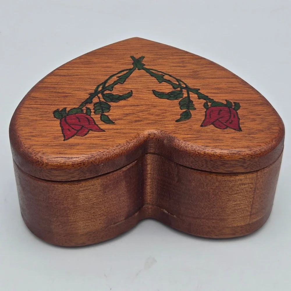 Vintage Handmade Heart Shaped Wood Trinket Box Rose Details Felt Lined Cottage